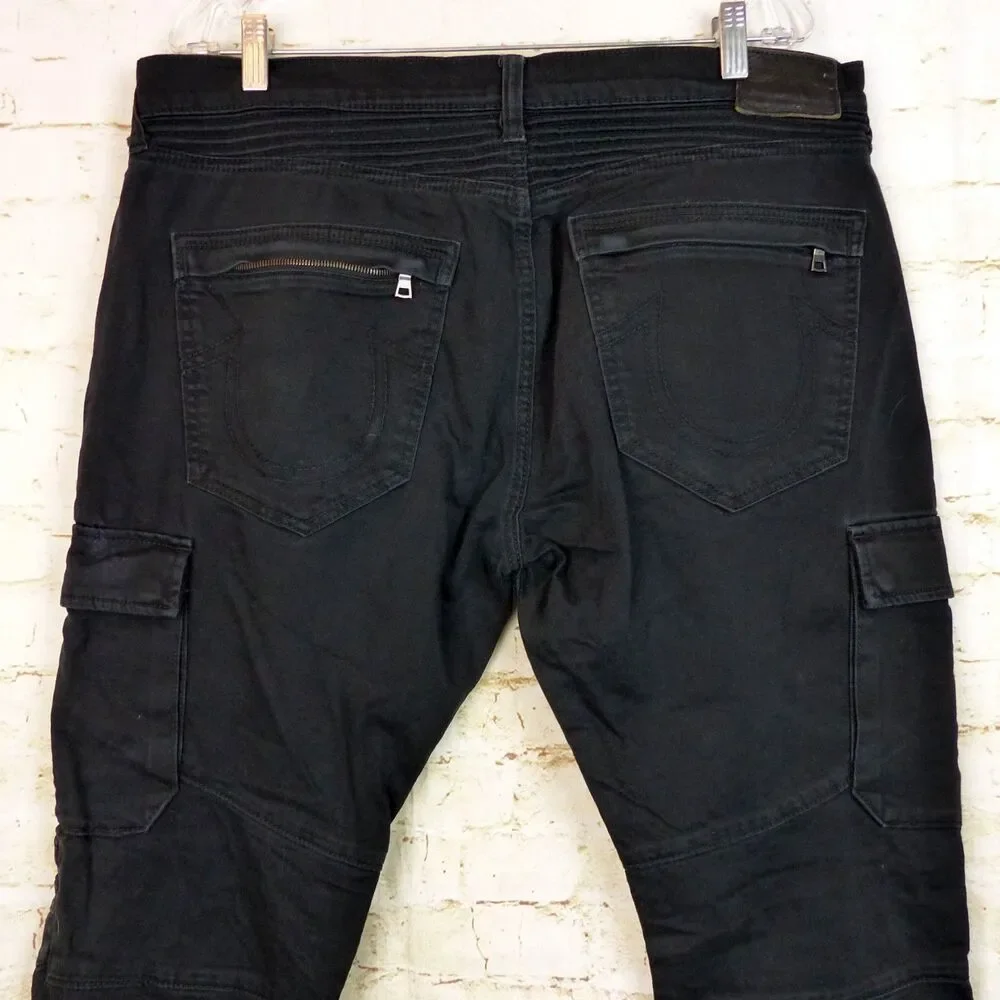 True Religion Jeans Mens 36 (38x28.5) Black Rocco Cargo Moto Relaxed Skinny Rock